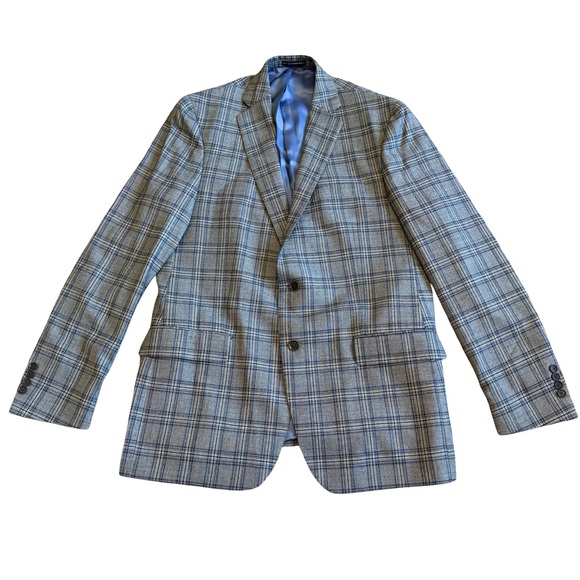 Hart Schaffner Marx Grey Blue Plaid Blazer Jacket Sport Coat Two Button Size 44L